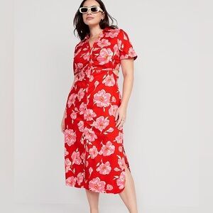 Red Floral Button-Front Midi Dress with Pink Blooms